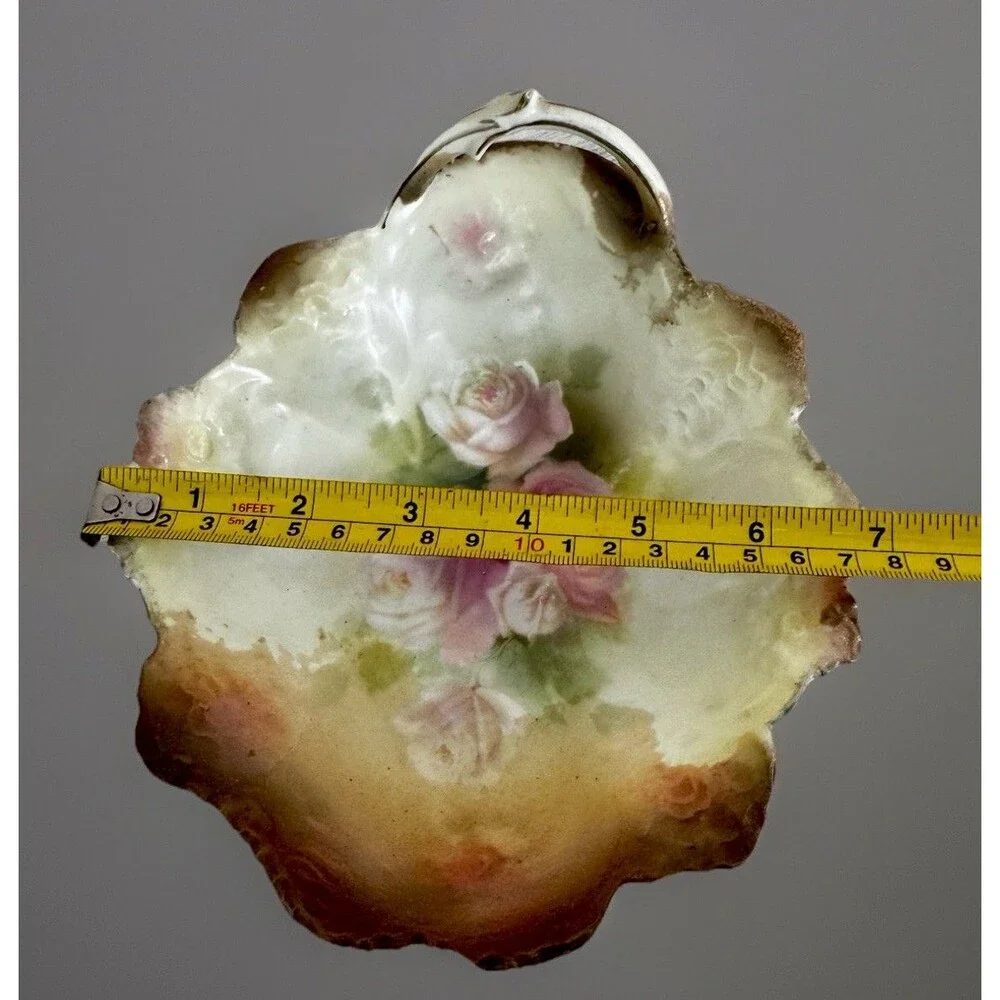 RS Prussia Porcelain Handled Nappy Bowl Dish Pink Roses Relieff Molded Antique